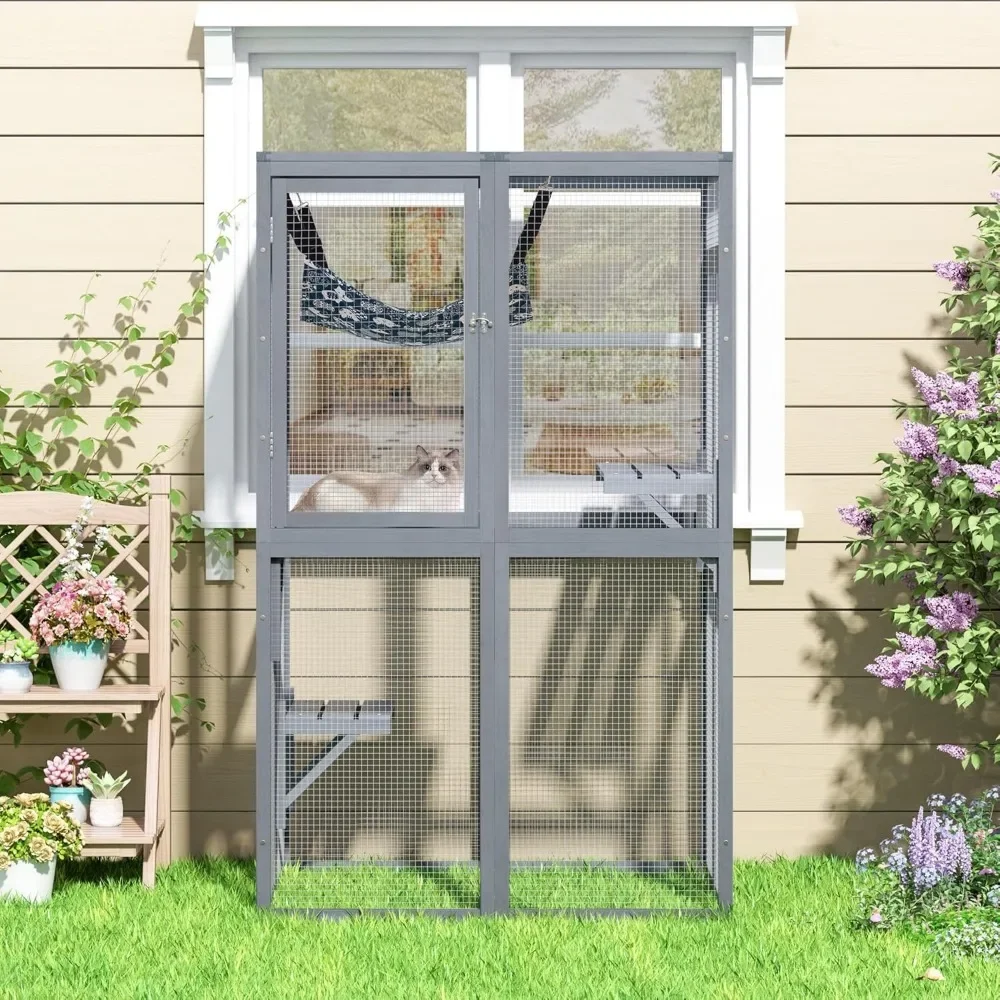 Cat House Outdoor Cat Enclosure Window Access Wood House Shelter Kitty Cage 3 Platforms For Patio Indoor Cats Cages