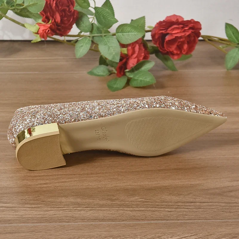 Gold Low Heels Pumps Women 2025 Spring Shiny Sequins Pointed Toe Party Shoes Woman Plus Size Simple Thick Heeled Bride Shoes 6