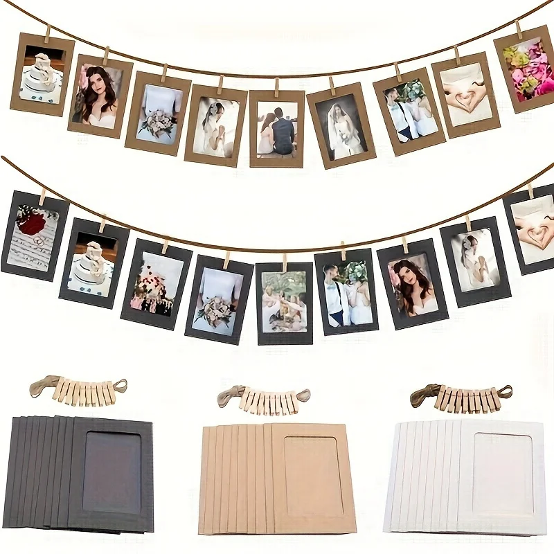 1 Set, Vintage-Rindsleder-Fotorahmen zum Aufhängen, schwarzer Fotorahmen, Flaggenbanner mit Schnurclip, Heimdekoration, Partydekoration