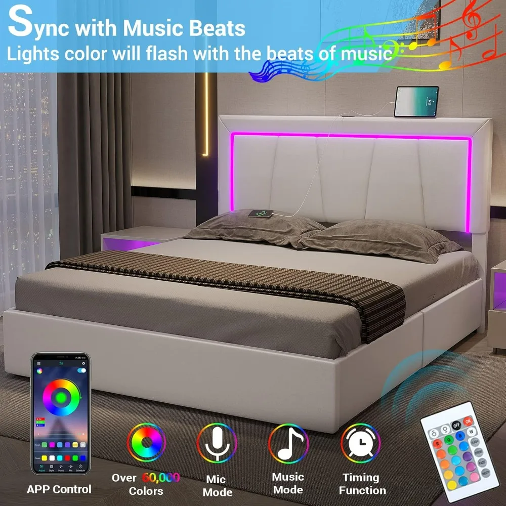 Queen Size Bed Frame with 4 Storage Drawers and LED Lights - Faux Leather Upholstered Platform Bed with USB Ports Adjustable LED 4