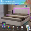 Queen Size Bed Frame with 4 Storage Drawers and LED Lights - Faux Leather Upholstered Platform Bed with USB Ports Adjustable LED 4