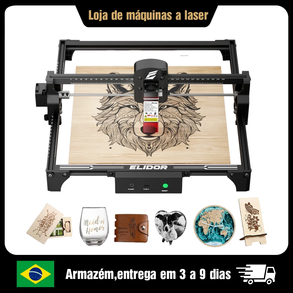 ELIDOR Z6 6W Máquina de Gravação a Laser CNC Cortador de Marcação em Madeira Área de Trabalho de 300 x 300mm Máquina de Corte a Laser Diodo para Uso Doméstico DIY Gravação de Logotipos Ferramenta para Trabalhar Madeira