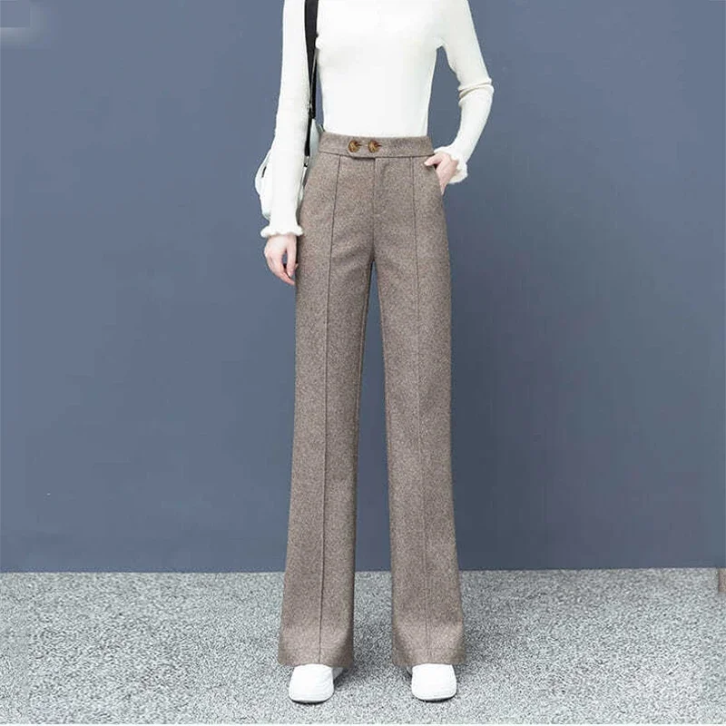 Women Winter Casual Big Size Thick Wool Blend Straight Pants New High Waist Loose Trousers Korean style Woolen Wide Leg Pants