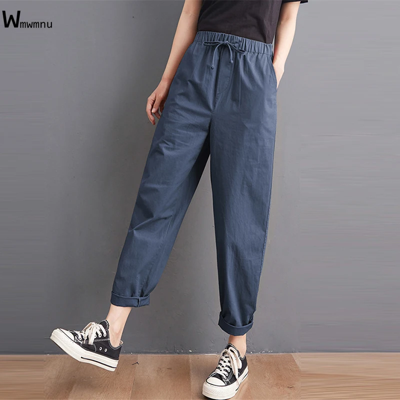 

Basic Solid Cotton Loose Elastic Waist Harem Pants Casual Ankle-Length Baggy Pants Female Vintage Harajuku Spring Women Clothes