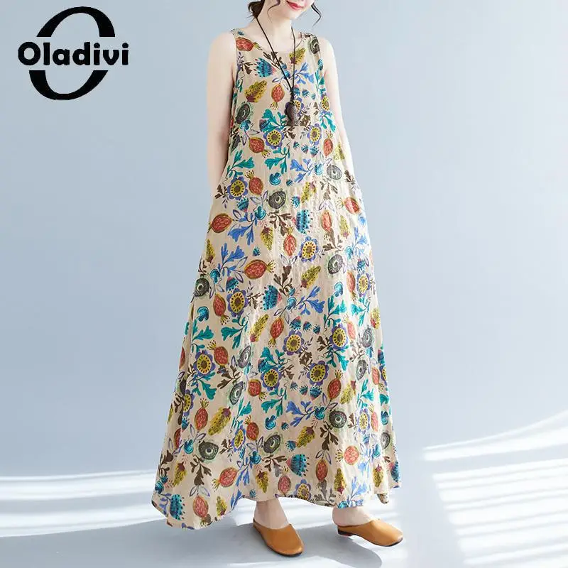 

Oladivi Fashion Print Sleeveless Bohemian Long Dress 2023 Summer Boho Beach Wear Vintage Ladies Oversized Dresses Vestidios 8606