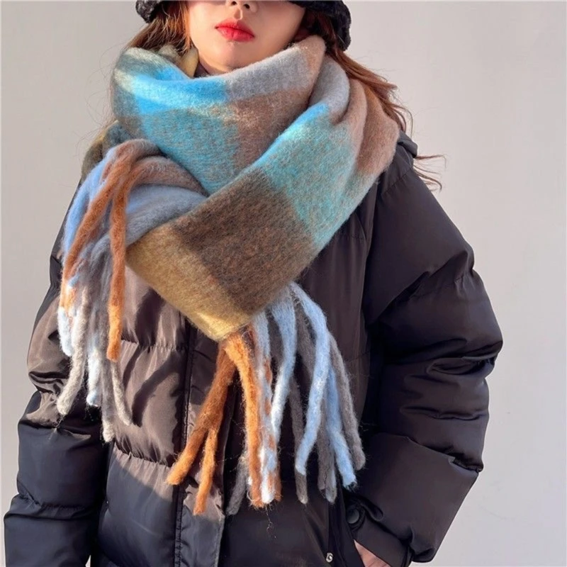 Lenรงo outono inverno quente macio cobertor clรกssico borlas xadrez cachecรณis 066c
