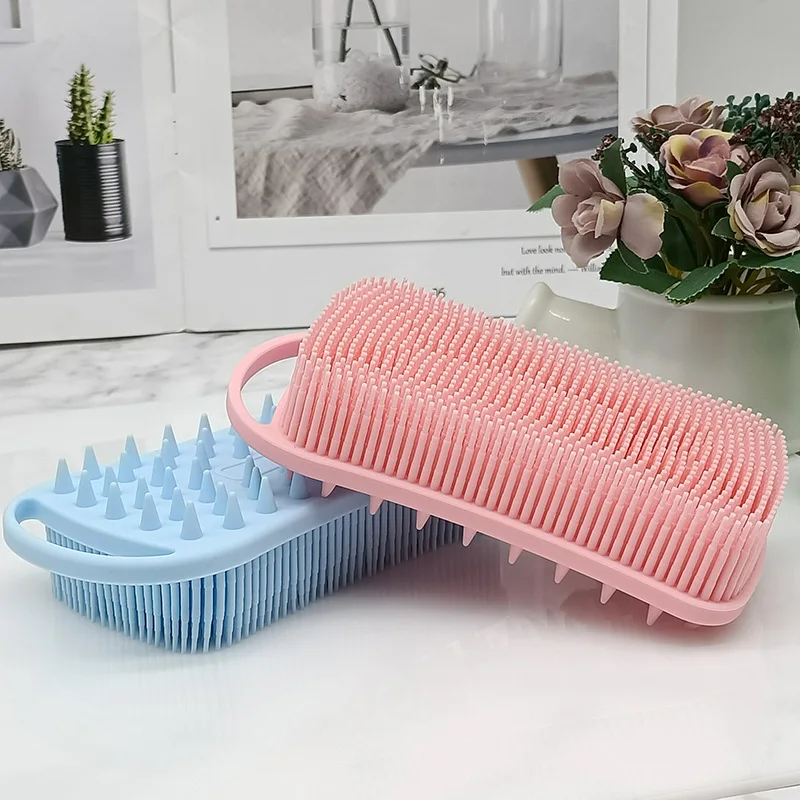 2 in 1 Silicone Shower Brush Scrubber Double-Sided Soft Silicone Scalp Massager Shampoo Body Bath Brushes Foam Skin Clean Tools 3