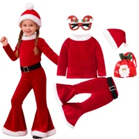 Girls Red Christmas Bell Bottom Set Costume Festival Santa Clause New Year Kids Clothing Set With Hat Fancy Xmas Party Outfit