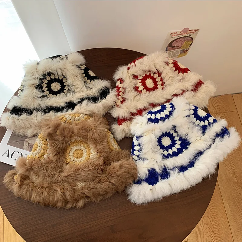 

Rabbit Hair Knitted Wool Hat Women's Autumn and Winter Furry Tiger Head Lion Fisherman Hat Warm Face Small Wool Hat