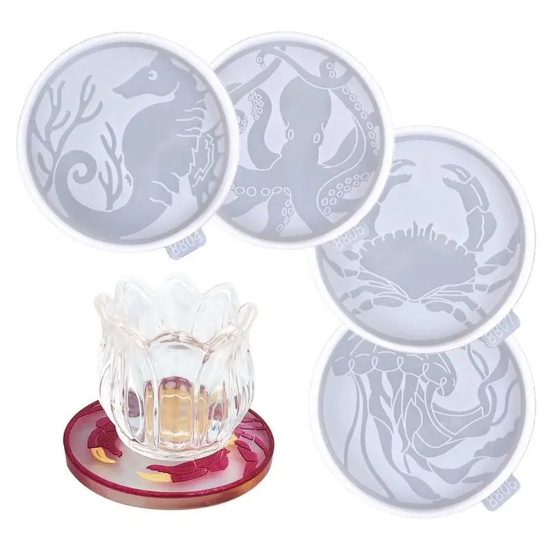 

4PCS Round Coaster Mould Marine Life Resin Casting Molds Silicone Epoxy Resin Coaster Mould Tool DIY Accessories Resin Arts