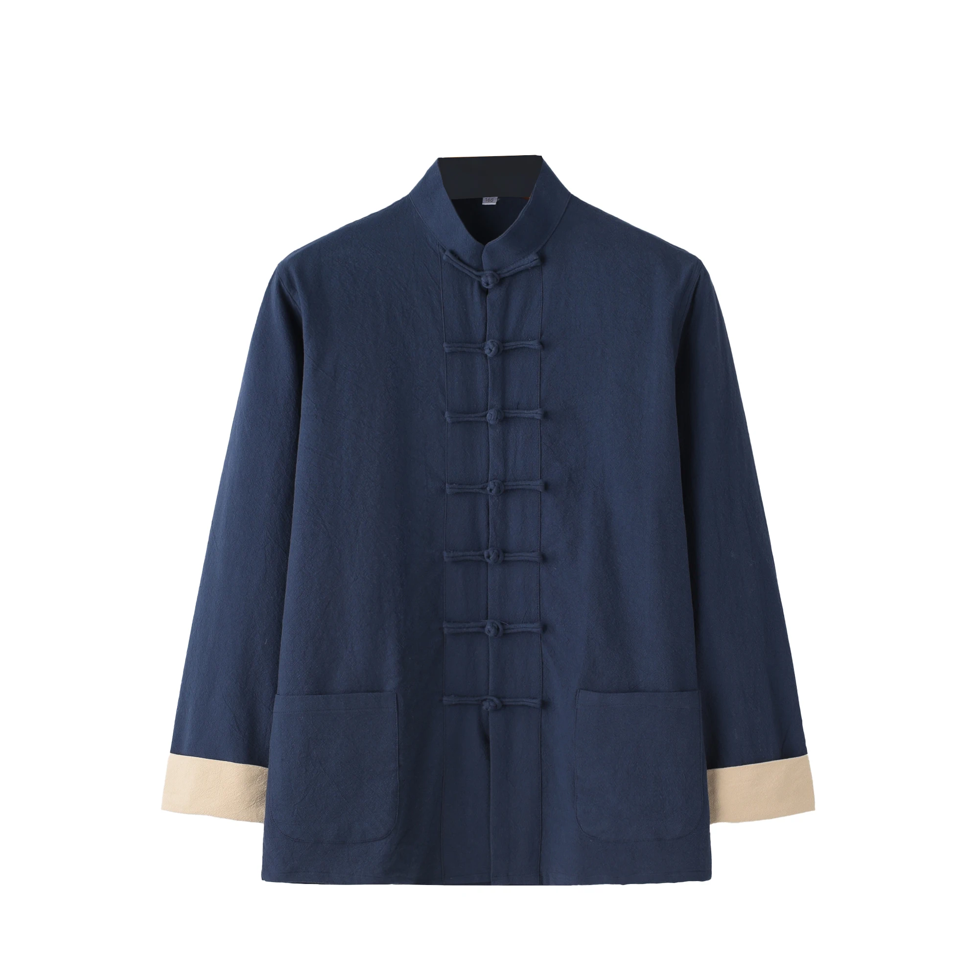 Men Chinese Style Shirt Cotton Comfy Loose Long Sleeve Button Up Kung Fu Pockets Traditional Tang Suit Tai Chi