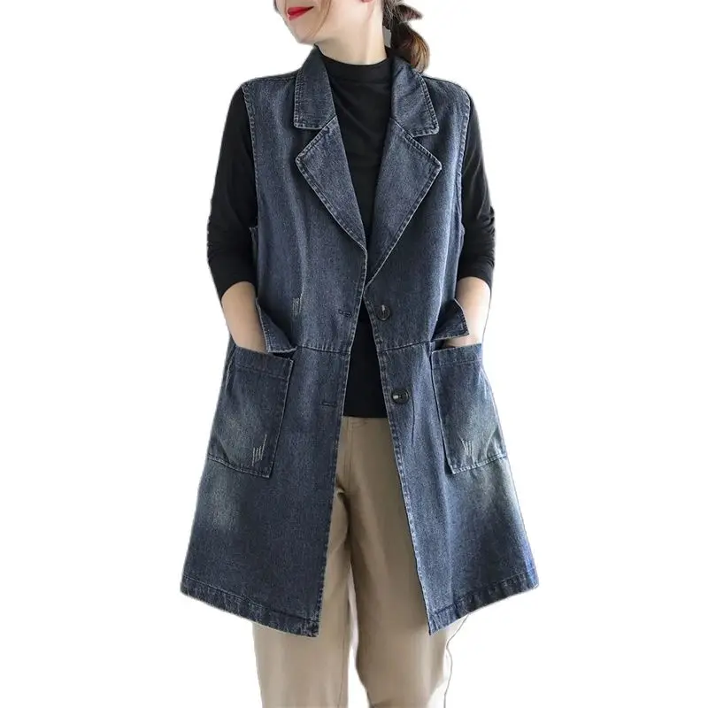 

Denim Vest Coat Women Cowboy Waistcoat 2023 Spring Autumn Retro Denim Vests Female Mid-length Sleeveless Jacket Suit Collar Top