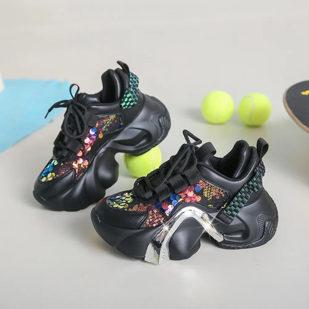 

Womens Round Toe Match Colors Sneakers Lace Up Sequins Bling Platform High Heel Girls Shoes Causal Sport New 2024