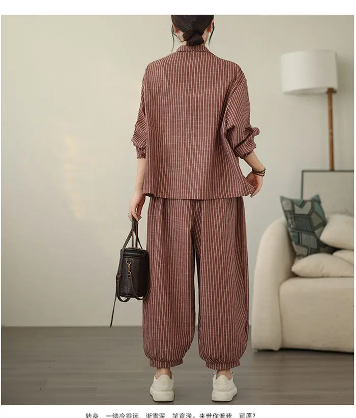 Retro Stripe Cotton And Linen Suit 2024 Women's Autumn Temperament Casual Wide Leg Harem Pants Loose Oversized 2 Piece Set K2478