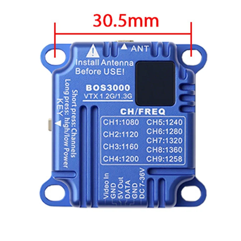 Vue de face du VTX 1.2G/1.3G 3W FPV avec les boutons de réglage de puissance et les canaux