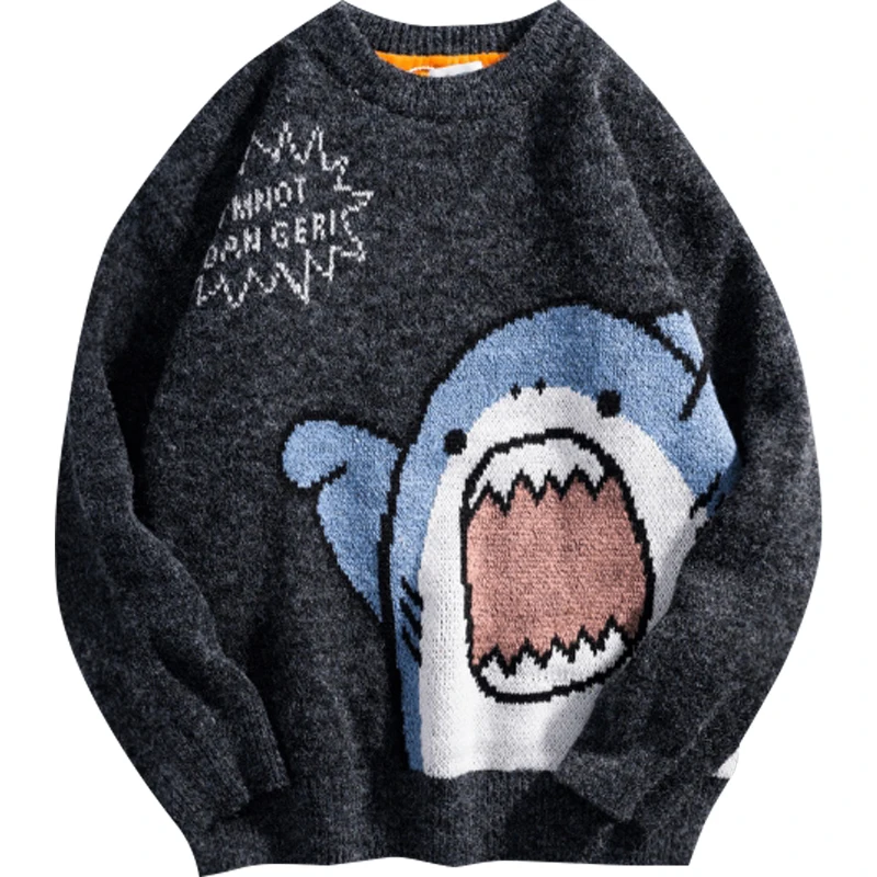 Shark Sweater Men Winter Cartoon Harajuku Korean Y2k Oversized Turtleneck Hip Hop Loose Knit Jumper Pullover High Collar Sweater 2