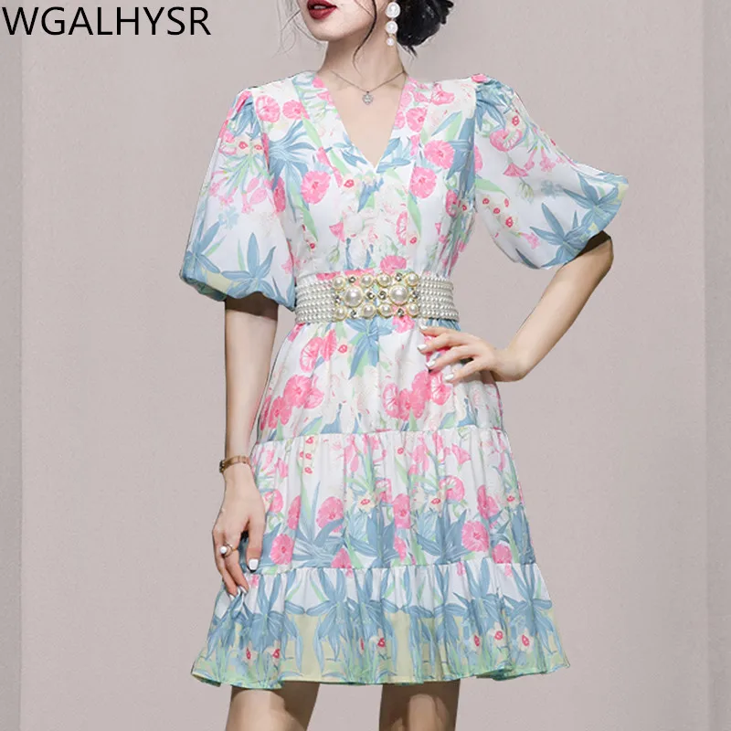

Summer 2022 New Elegant V-Neck Vintage Dresses Women Lantern Sleeves Slim Print Dresses +Beaded Belts
