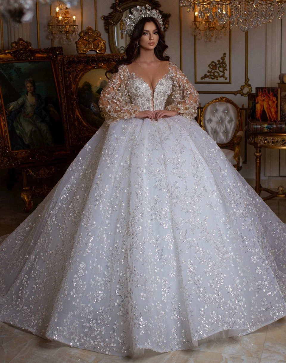 

On Zhu Luxury Ball Gown Puffy Long Sleeves Wedding Dresses 2024 Glitter Sequined Appliques Women Bride Gowns Vestidos De Noiva