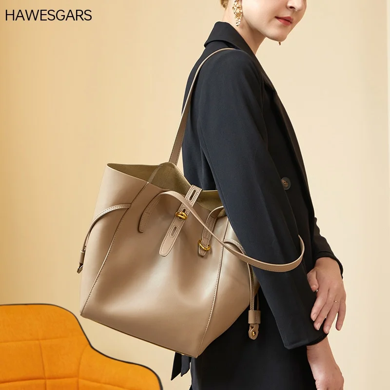 

HAWESGARS New Women Leather Large Capacity Tote Bucket Bag Versatile Fashion Handbag Shoulder Bag