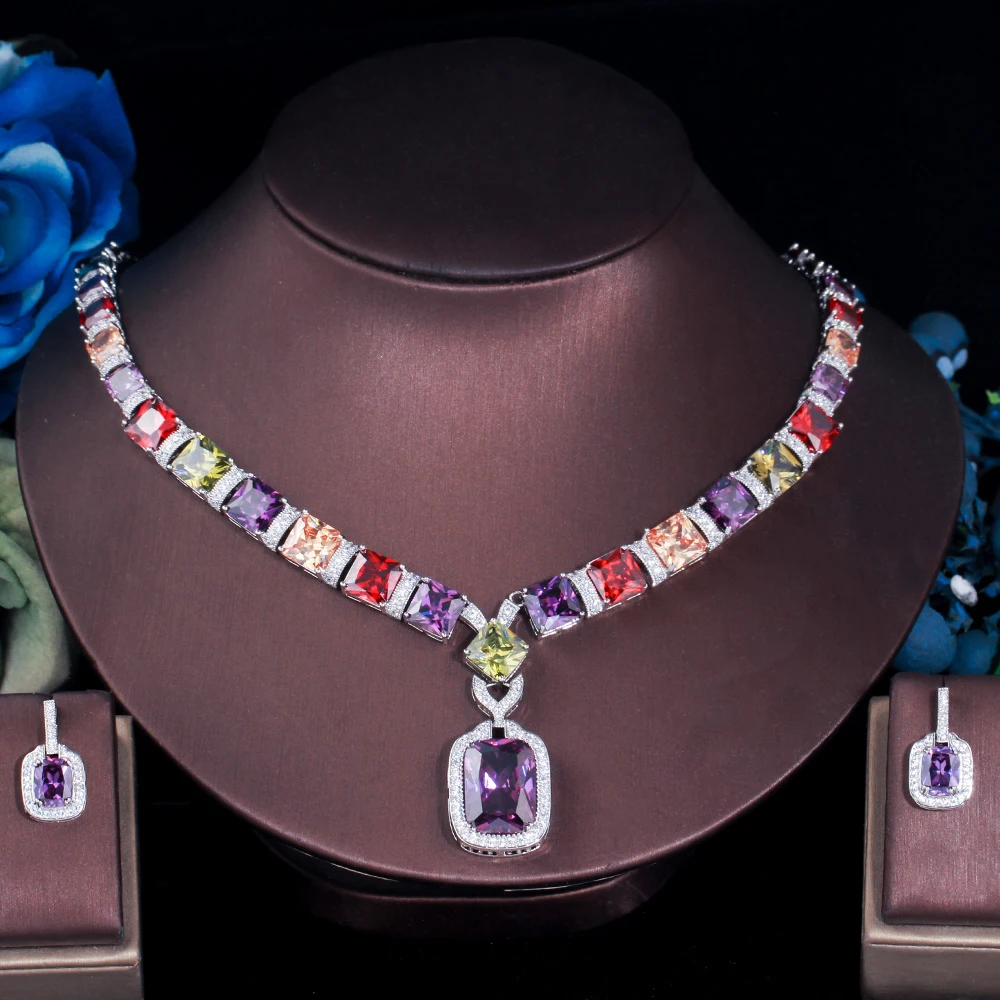 ThreeGraces 럭셔리 멀티 컬러 큐빅 지 르 코니 아 큰 기하학적 광장 귀걸이 목걸이 신부 웨딩 쥬얼리 신부 t0633에 대 한 설정 