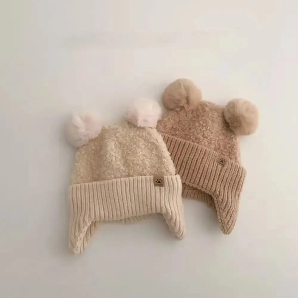 3-24 Months Double Hairball Baby Hat Knitted Wind-proof Pom Hat Solid Color Thicken Knit Cap Autumn