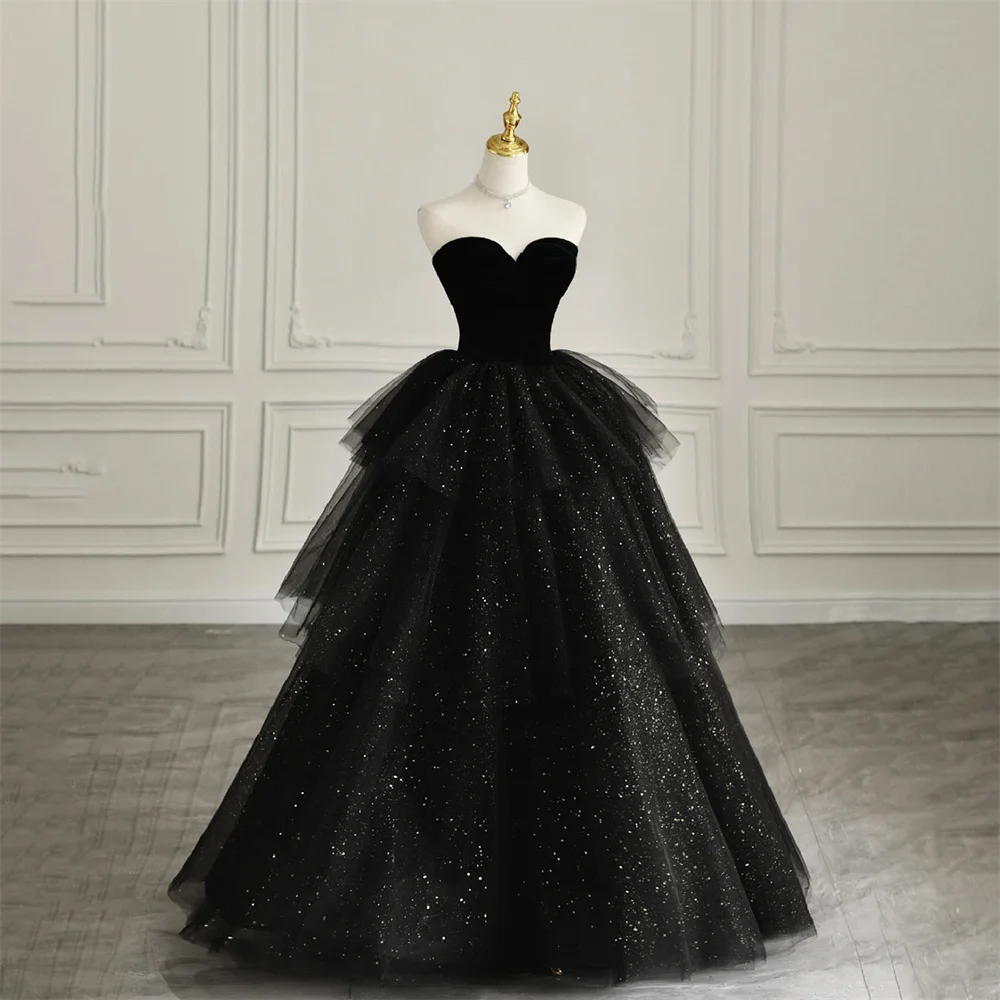 

Lily Black Strapless Evening Gown Elegant A-Line Sweetheart Prom Dress Glitter Tiered Wedding Evening Dress robes de soirée