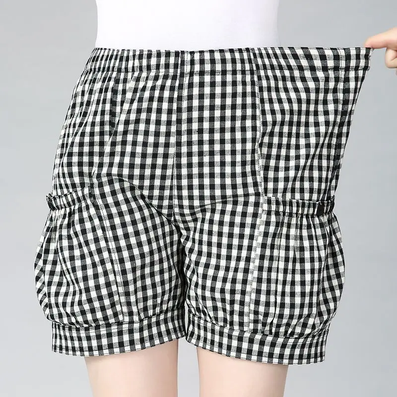 Summer Women Thin Casual Plaid Shorts Korean Fashion Female Clothing Elastic High Waist All-match Cotton Home Loose Daily Pants