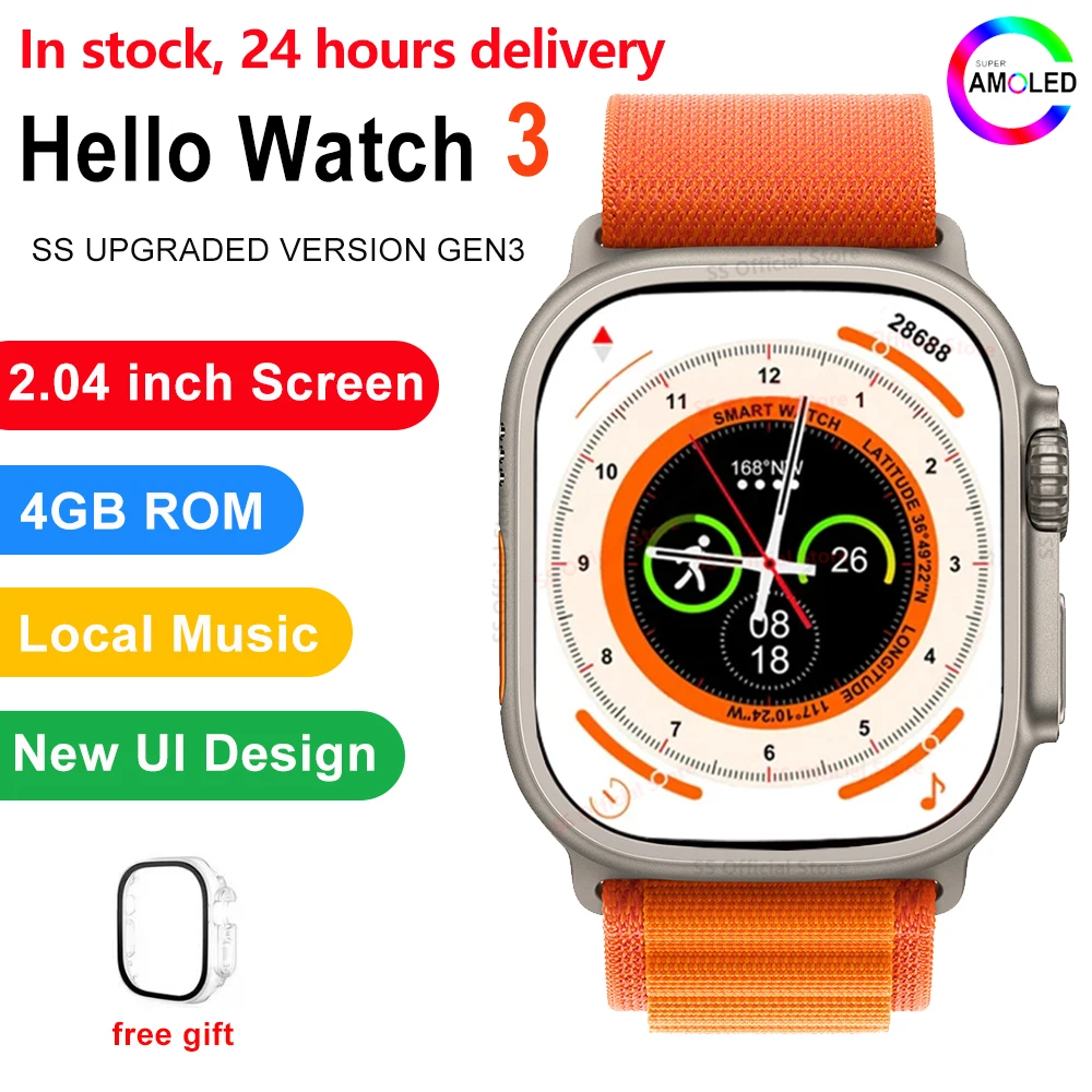 Hello Watch 3 Plus(2024 Upgraded) Smart Watch Ultra Series 8 49mm AMOLED  Screen with AOD 4GB Rom Local Music Sports Smartwatch for Men Women : Buy  Online at Best Price in KSA 