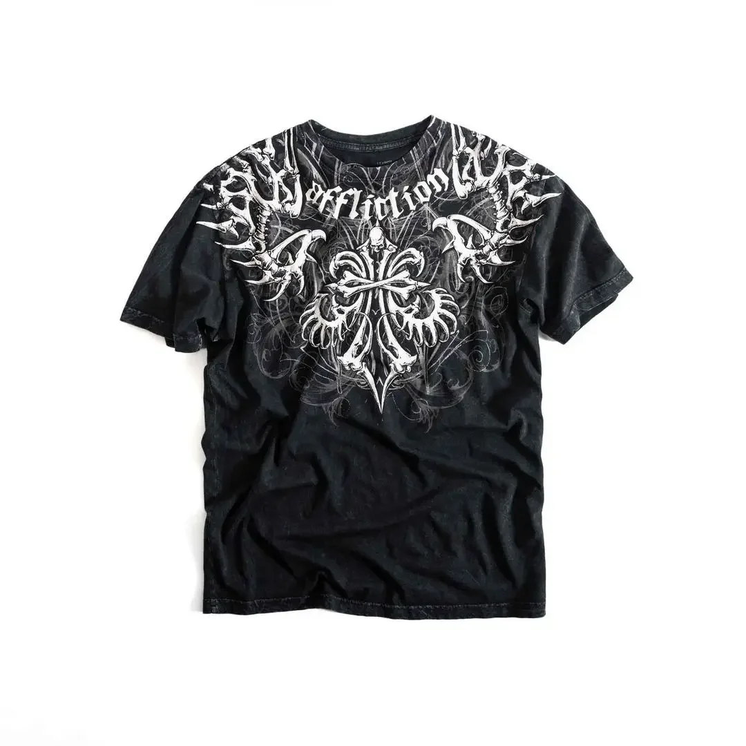 thumbnail image 1 of Camiseta holgada de algodón con cuello redondo y manga corta estilo Harajuku para parejas, con estampado retro gótico Y2K, de gran tamaño, 1 of 5