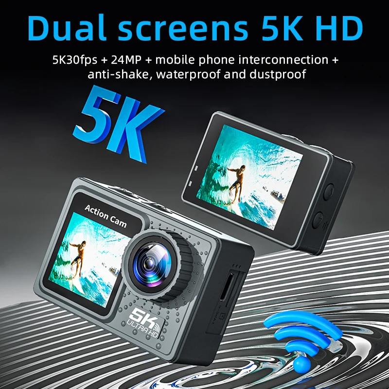 2024 NEW Action Camera 5K 4K 60FPS WiFi Anti-shake Dual Screen 170° Wide Angle 30m Waterproof Sport Camera with Remote Control