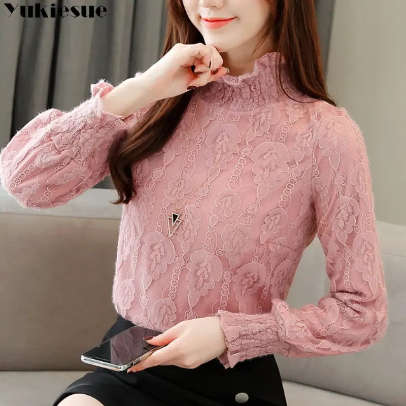 

High Neckline Embroidery Lace Autumn Winter Fashion Casual Warm Clothing Base Coat Plush Thickened Long Sleeved Top For Women