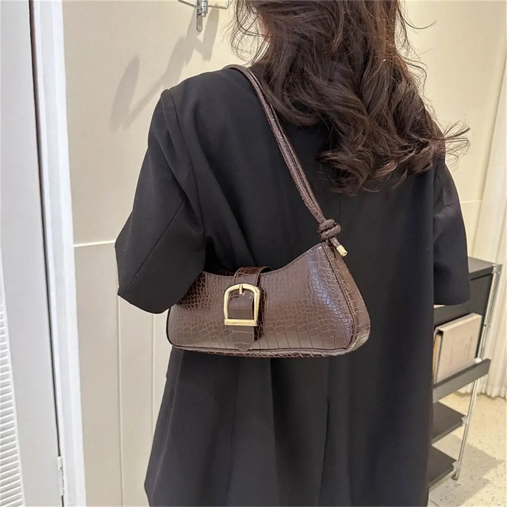

PU Leather Shoulder Bag Solid Color Underarm Bag Portable Handbag for Women Girls