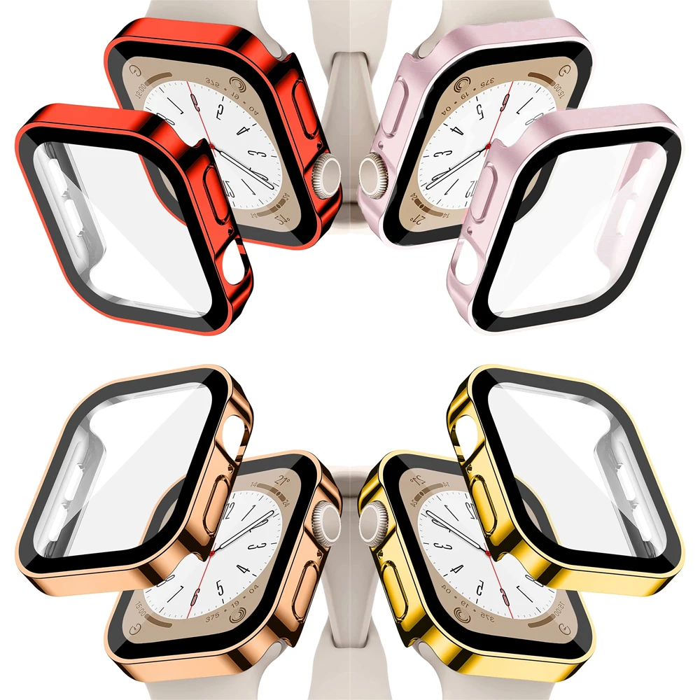 Vetro + Cover Per Apple Watch Case Series 8 7 6 5 4 Se 44Mm 45Mm 41Mm 40Mm Pc Proteggi Schermo Impermeabile Apple Watch Accessori