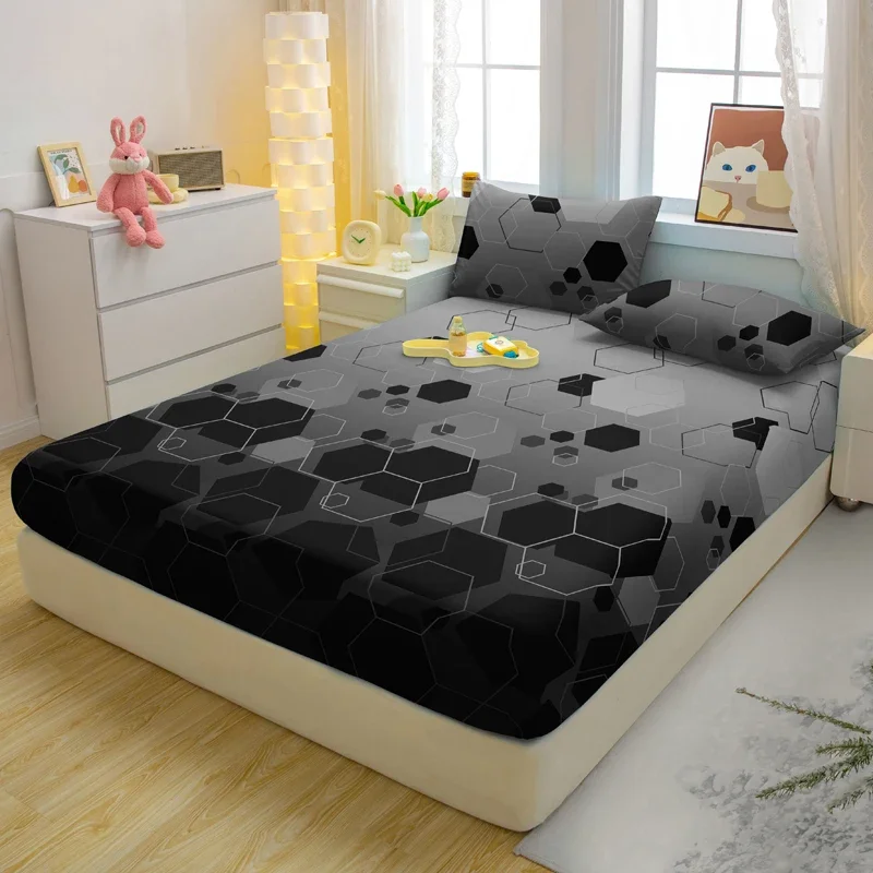 Set lenzuola con angoli in tre pezzi opache con motivo geometrico semplice e moderno da 3 pezzi, set copri letto stampato per camera da letto, biancheria da letto 4