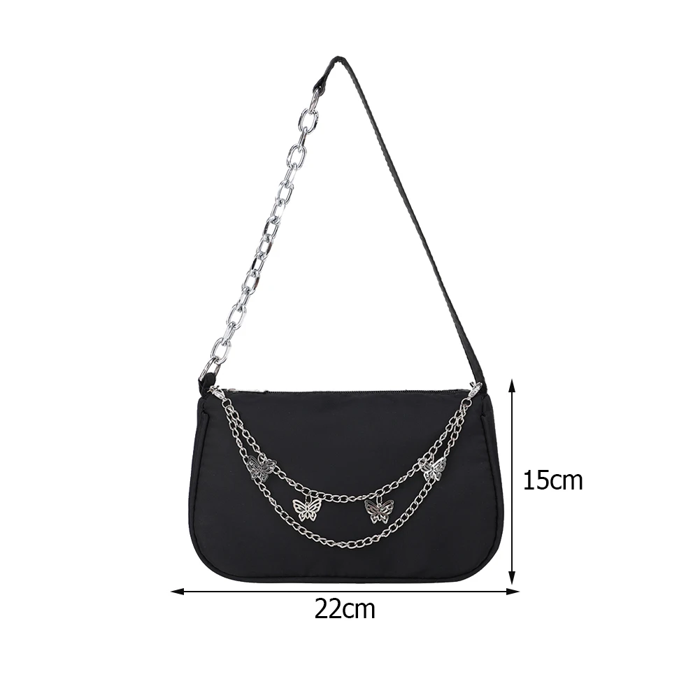 Women Butterfly Chain Shoulder Bag Fashion Nylon Female Black Underarm Bags Y2k Small Tote Handbags Trendy Armpit Purse