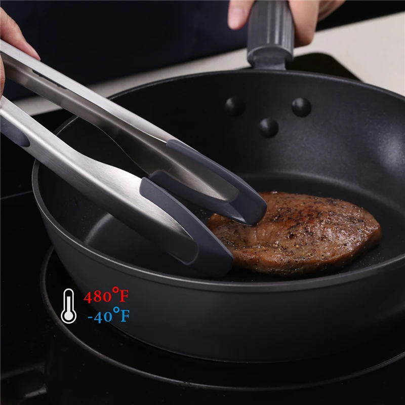 One-Hand Operation Silicone Food Tongs for Cooking Non-Slip Steak Clip Stainless Steel Kitchen Tong Salad Grill Food Bread Tong