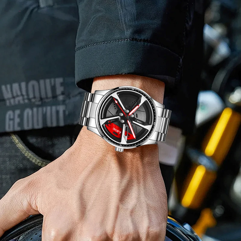 LIGE New Sports Mens Car Wheel Watches Business Waterproof Quartz Watch For Men Stainless Steel Hub Wheel Dial Design Watch Men