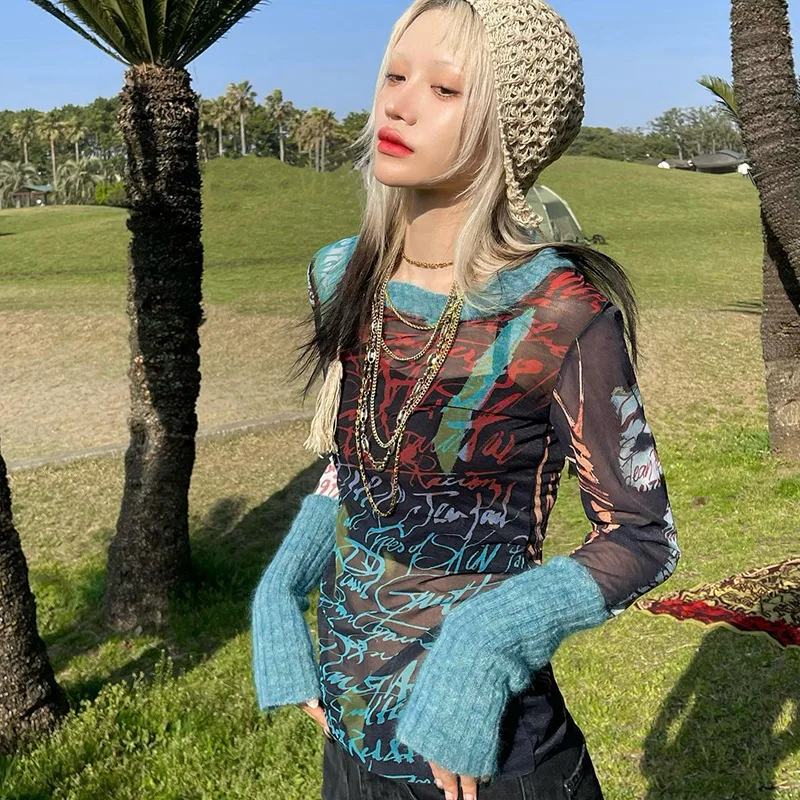 

Lilian Graphic T Shirts Streetwear Y2k Women Sheer Mesh Knit Patchwork Long Sleeve Top Grunge Clothes 90’s Aesthetic Skinny Tees