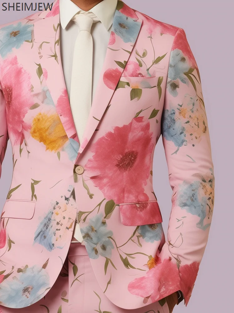 Fashion Colorful Flower Slim Men Suit Plant 3d Printing Casual Wedding Valentine's Day Jacket Pants Party Performance Set