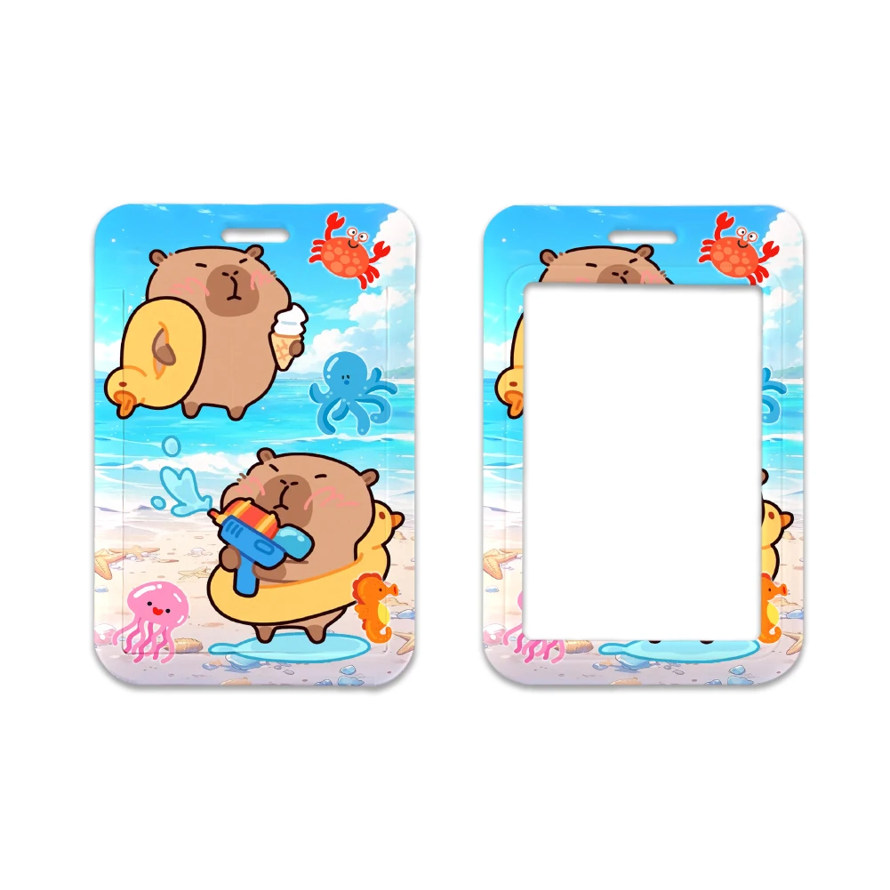 Cartoon Capybara Swimming Door Card Case Hanging Rope Badge Holder Neck Strap Business Card Small Gift card case holder