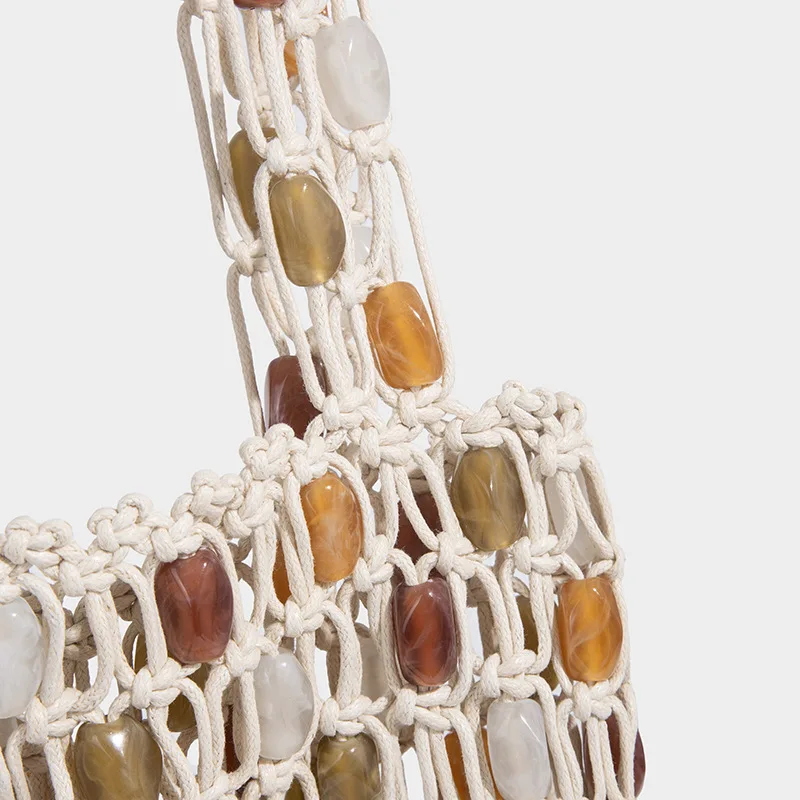 Ladies Summer Beaded Woven Bag Bucket Bag Phone Purse Handmade Hollow Out Cotton Rope Crochet Bag Handbag For Girls