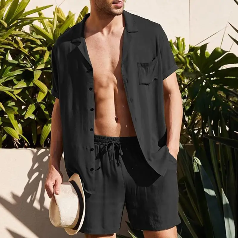 Men's Sport Casual Suit Summer Solid Loose Breathable Cotton Linen Lapel Short Sleeve Cardigan Shirt Shorts Two Pieces Set