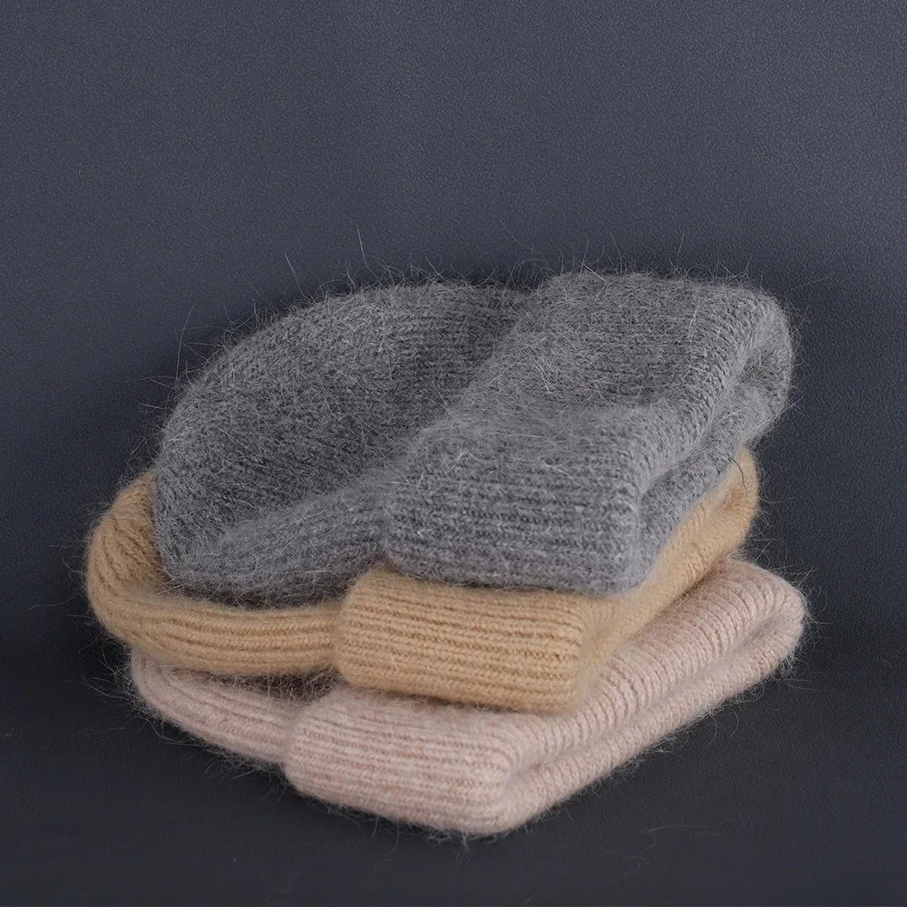 Flauschige Mützen für Damen, Erbsen, Angorakaninchenfell, Strickmütze, warm, verdickt, weich, Wollmütze, glänzende Paar-Strickwaren für Herbst und Winter – Detail 17