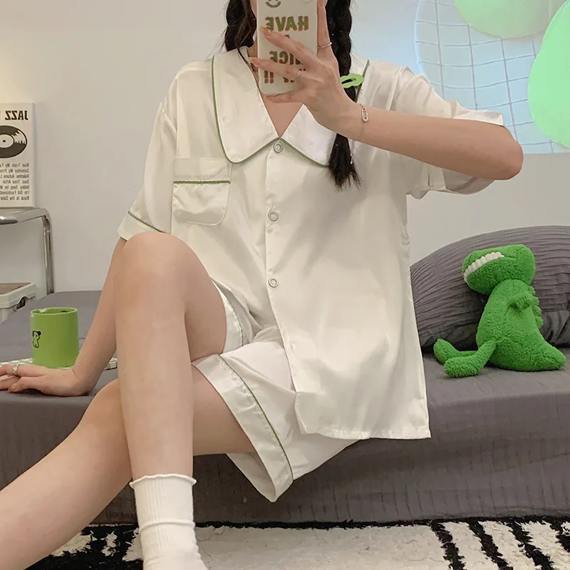 

Летняя Пижама женская из вискозы с коротким рукавом шорты одежда для сна 2 шт. Тонкий Стиль Сексуальный Кардиган с лацканами Ночная Рубашка домашняя одежда костюм