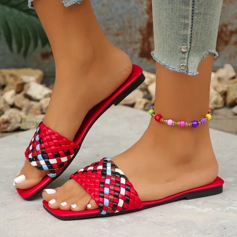 Women's Shoes Open Toe Women's Slippers Outdoor Beach Slippers Women Square Toe Mixed Colors Flat with Plus Size Sandals