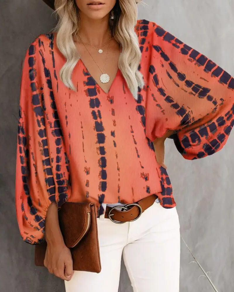 Frauen V-ausschnitt Tie Dye Leopard Print Bluse Shirts Casual Langarm Lose Pullover Bluse Tops BNS-H6651_voghion.com