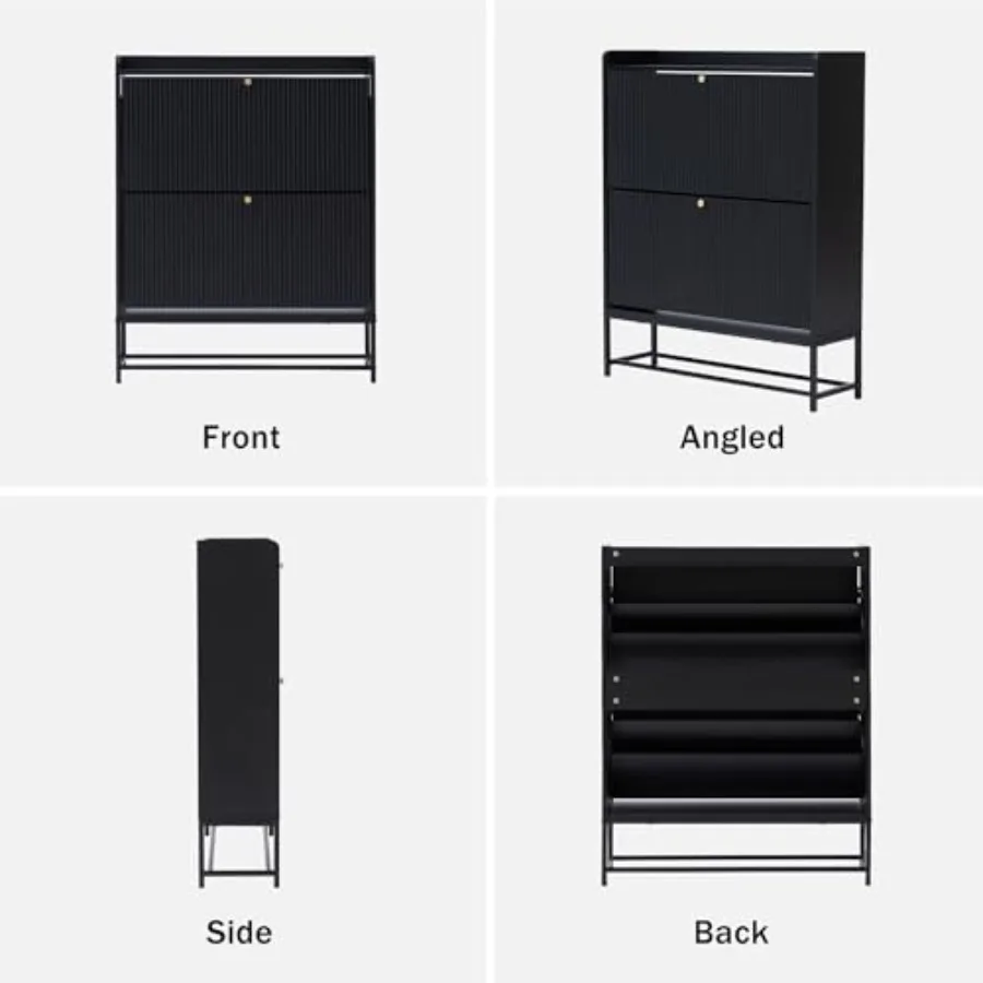 Fluted Shoe Cabinet with 2 Flip Drawers Modern Slim Shoe Storage Organizer Narrow Entryway Shoe Rack Wooden Shoe Cabinet with M