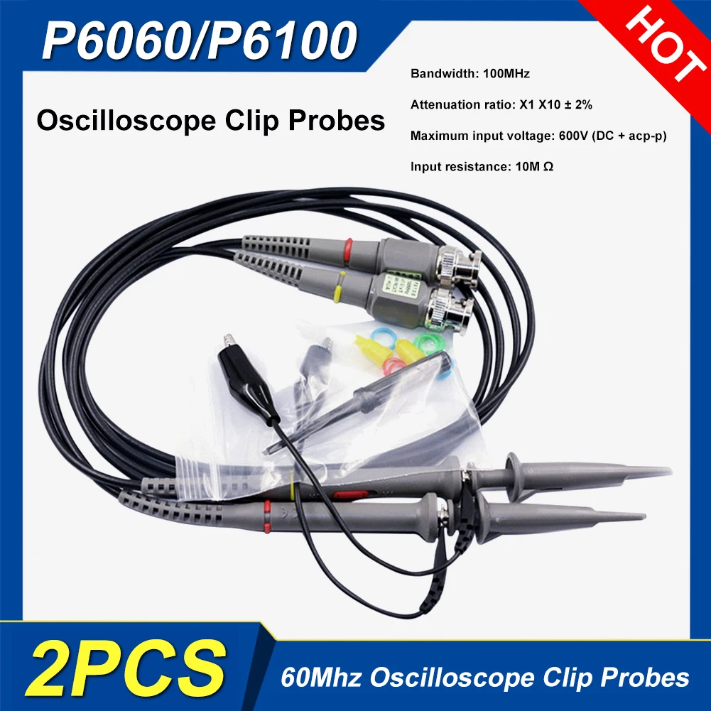 2pcs P6100/P6060 60/100MHz Oscilloscope Clip Probes with Accessory Kit