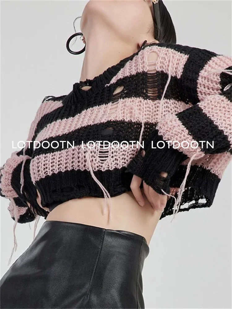 

Y2K Hollow Out Cropped Knit Smock Top Women Vintage Loose Pink Stripes Crochet Pullovers Crop Tops Fairy Grunge Sweater