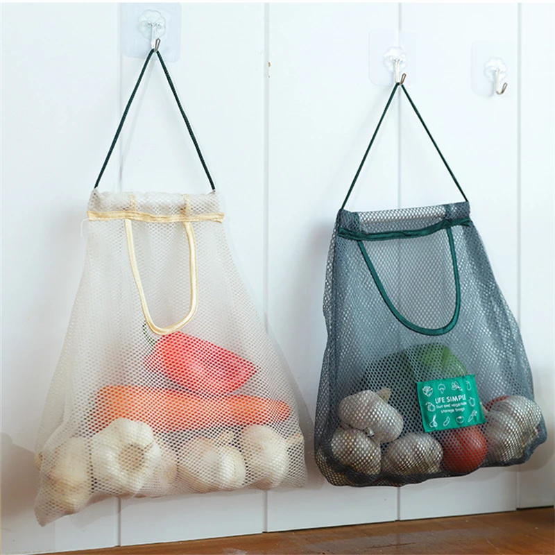 1/2PCS Mesh Net Reusable Hanging Storage Bags Fruit Vegetable Garlic